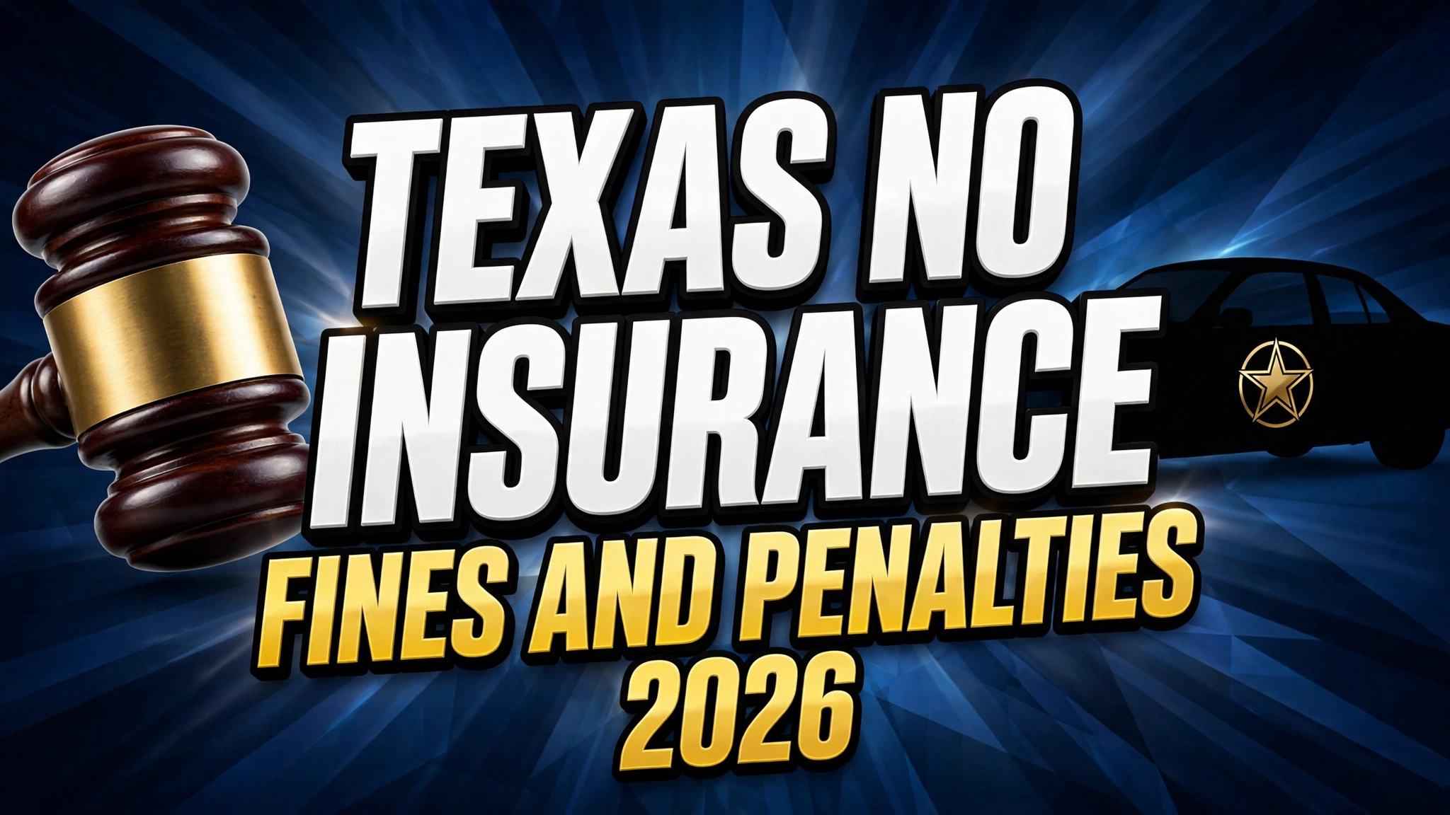 Texas driving without insurance penalties - judge gavel and car with lone star badge