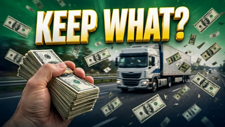 Owner-operator take-home pay — hand holding cash with semi-truck