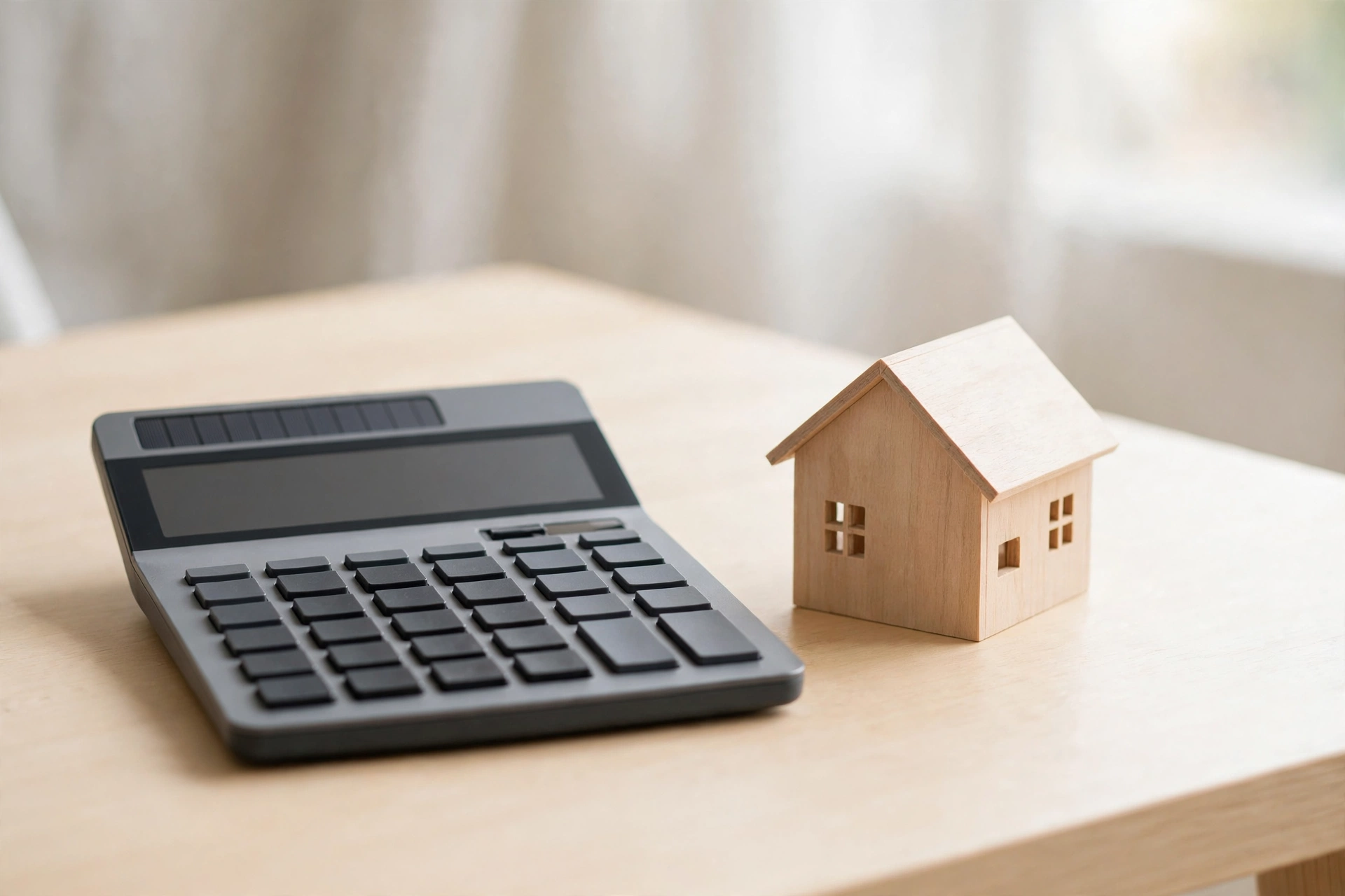 Renting vs buying calculator &mdash; calculator beside a wooden house model