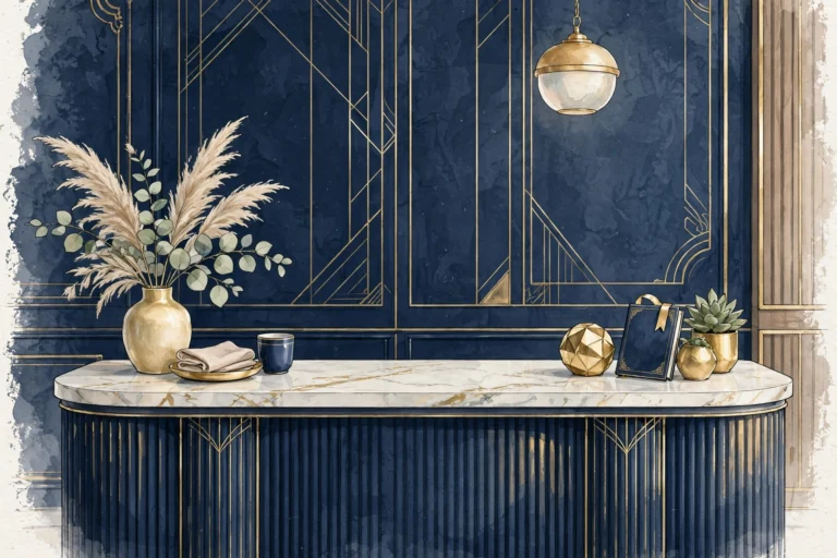 Rhinoplasty cost — modern cosmetic surgery clinic reception in navy and gold tones