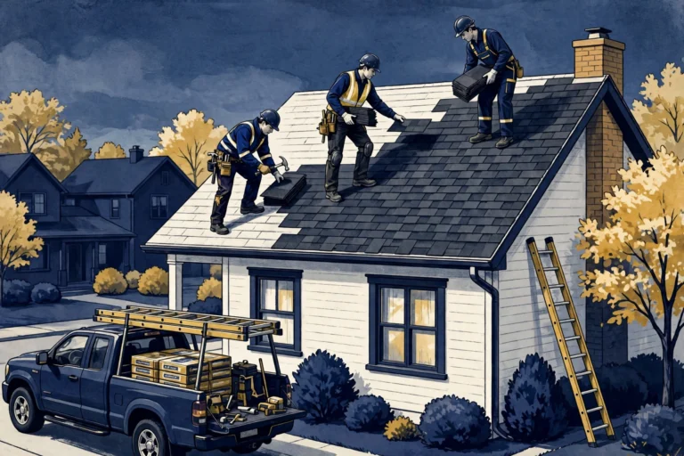 Roof replacement cost — workers installing new asphalt shingles on a suburban home roof