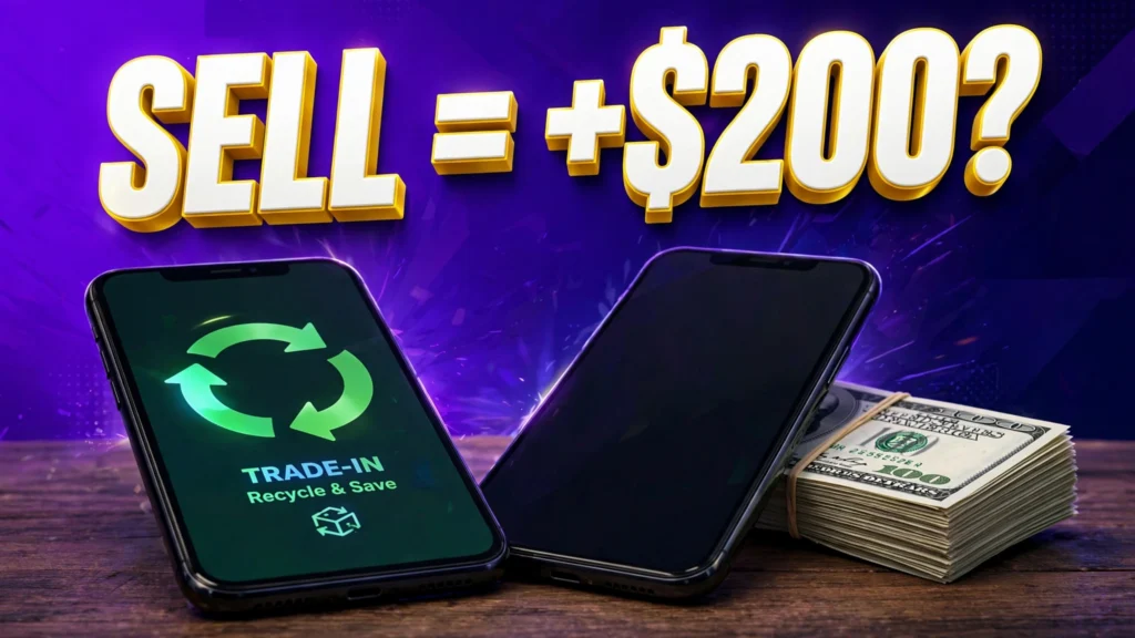 iPhone trade-in vs selling — two phones, trade-in arrow and cash