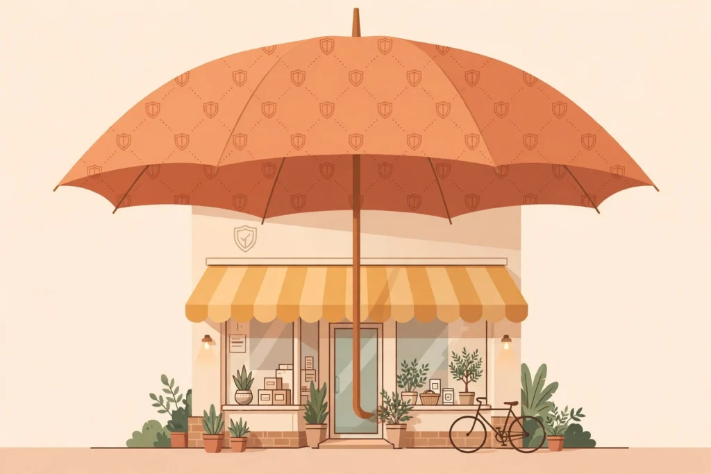 Small business umbrella insurance — umbrella with shield pattern over a storefront