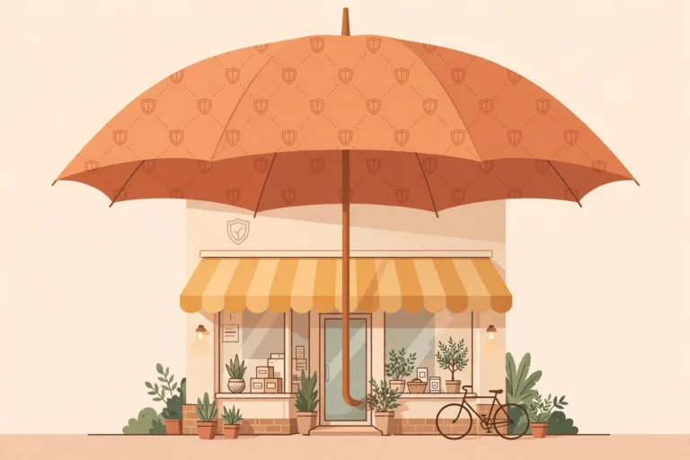 Small business umbrella insurance — umbrella with shield pattern over a storefront