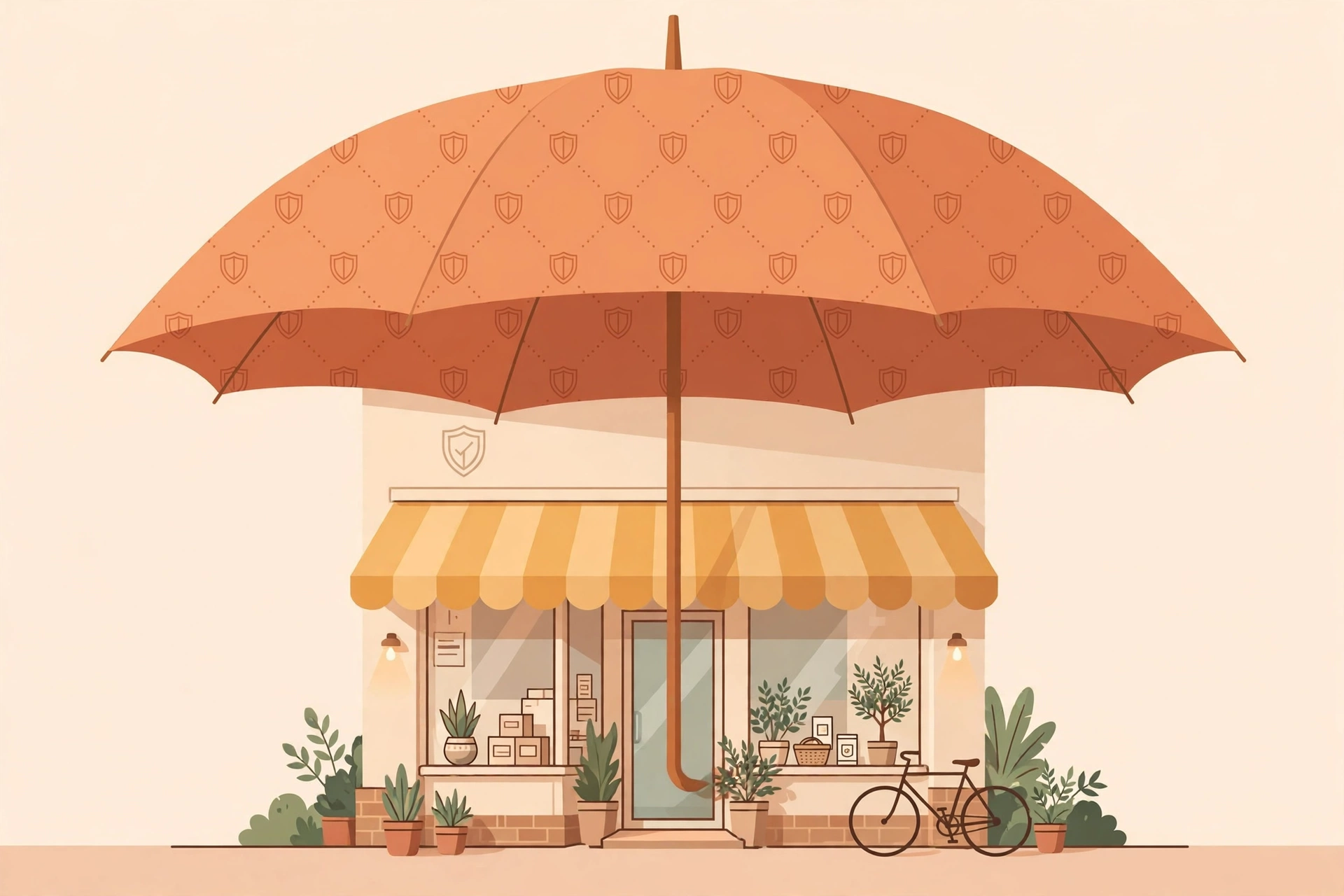 Small business umbrella insurance &mdash; umbrella with shield pattern over a storefront