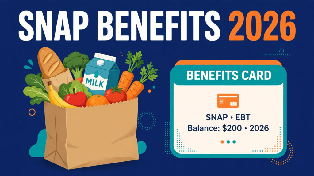 SNAP EBT card and grocery bags with fresh food
