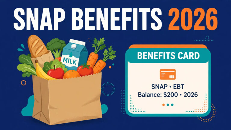 SNAP EBT card and grocery bags with fresh food