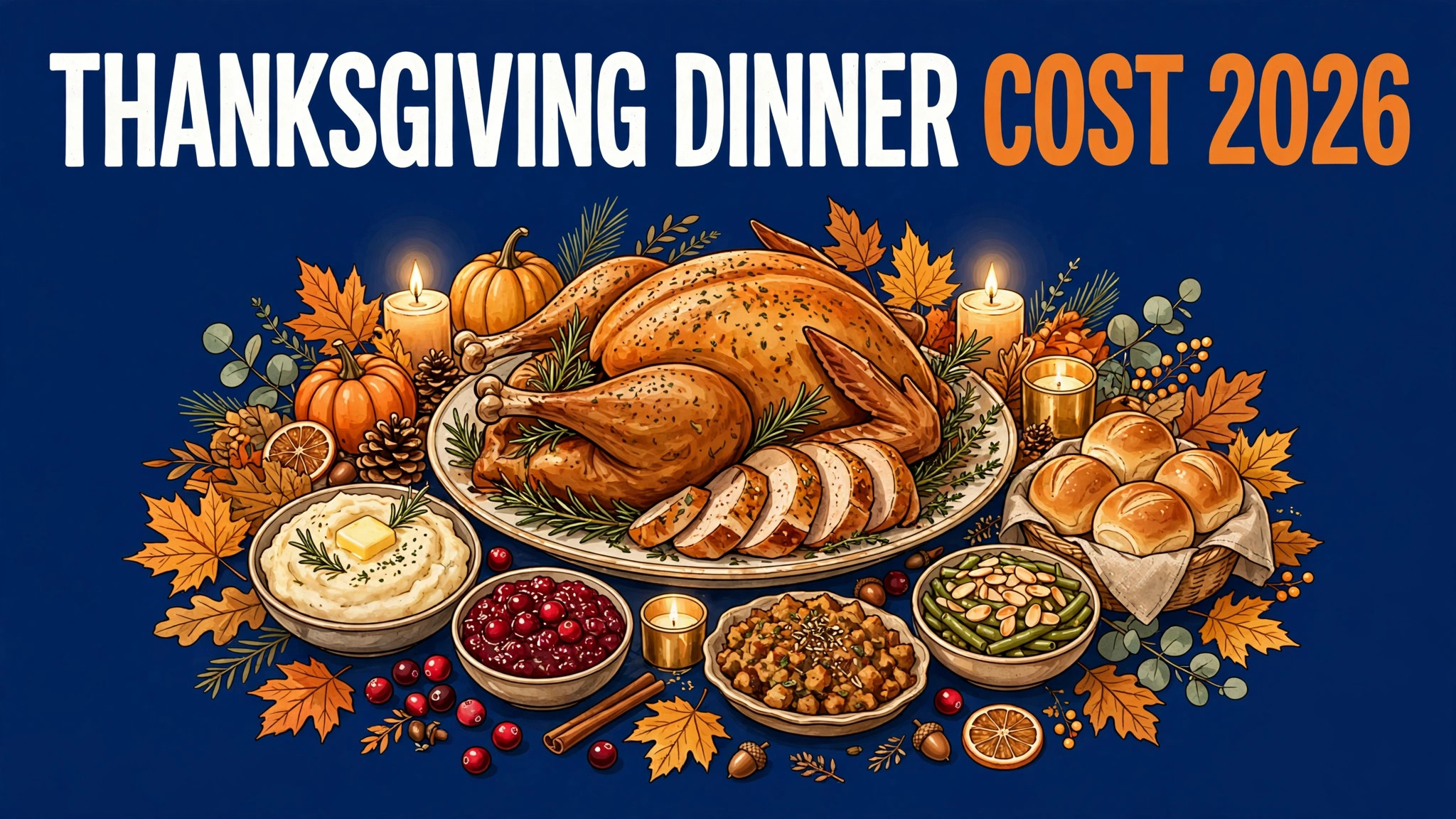 How Much Does Thanksgiving Dinner Cost in 2026? Roast turkey with Thanksgiving dinner sides on a festive holiday table