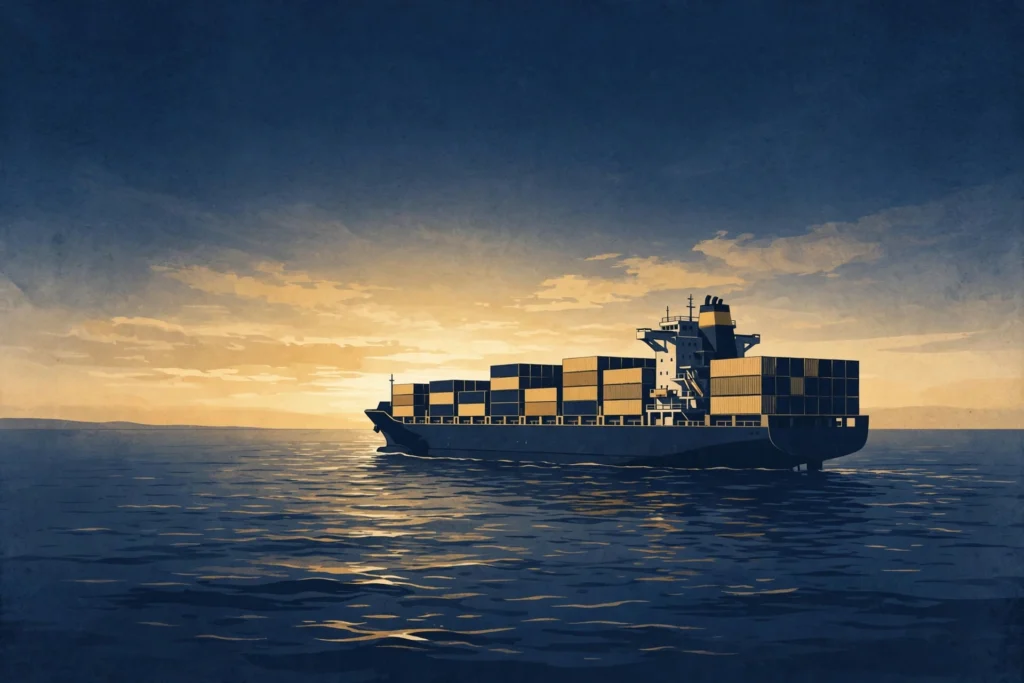 The Jones Act explained — cargo ship sailing on the ocean at sunset