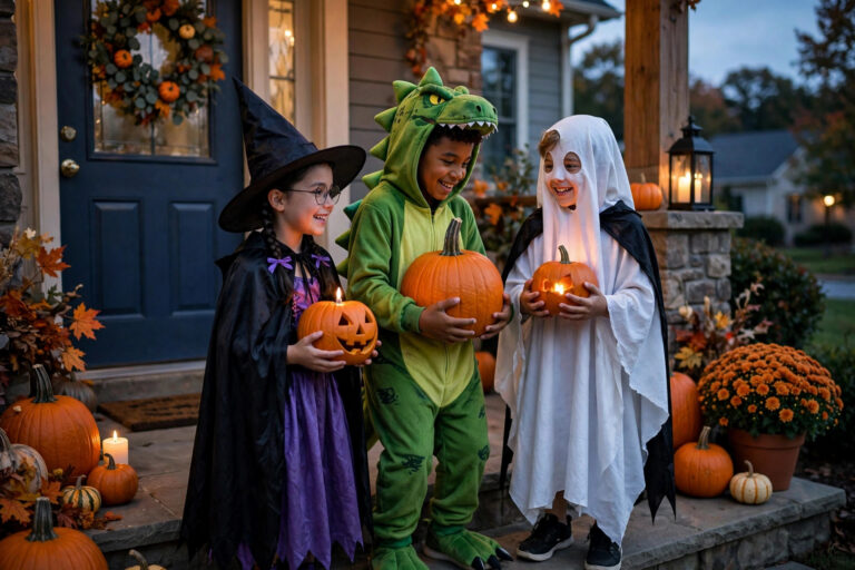 Children in Halloween costumes trick-or-treating at a front door with pumpkins