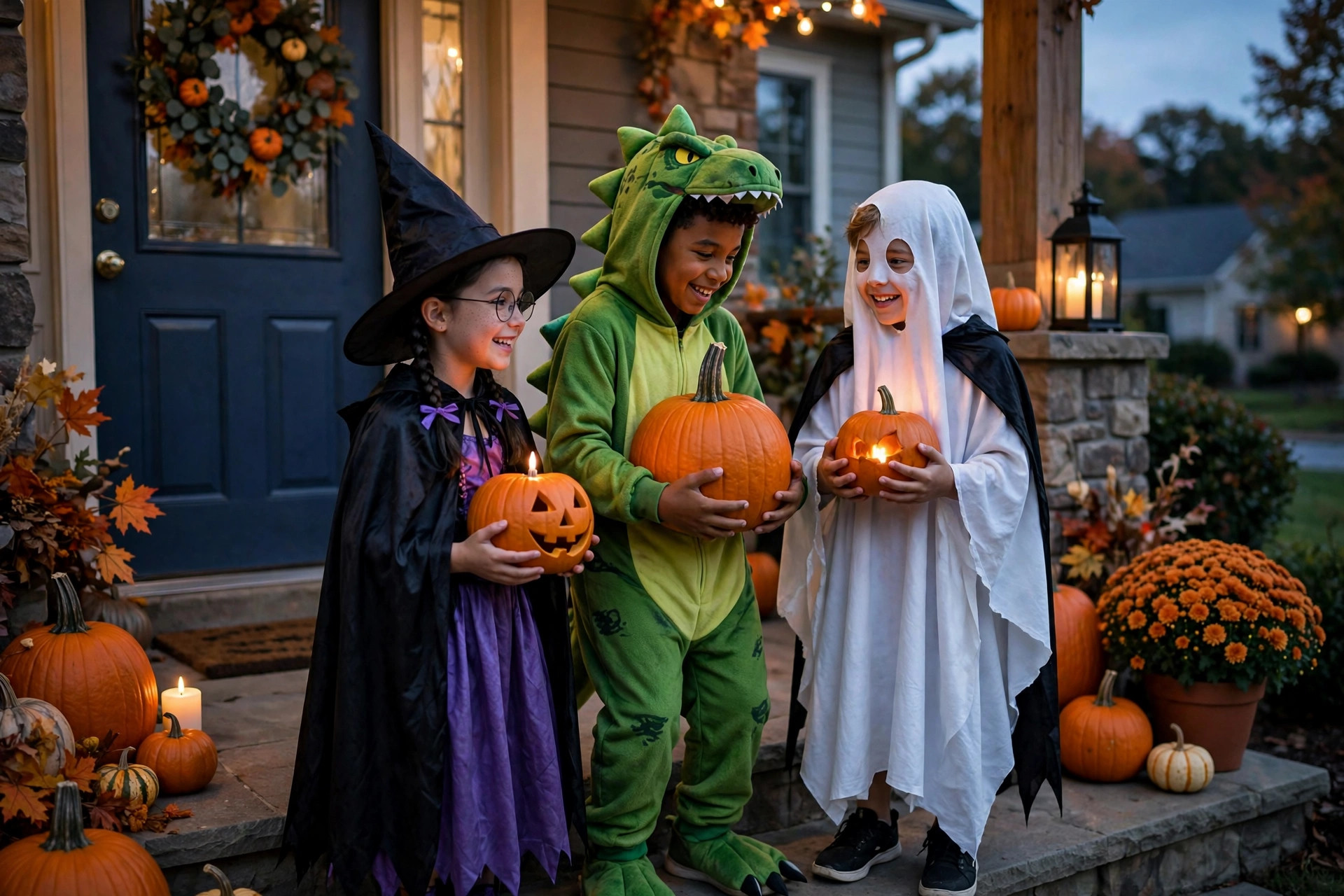 Trick-or-Treat Times 2026: Hours by City and How to Find Yours Children in Halloween costumes trick-or-treating at a front door with pumpkins