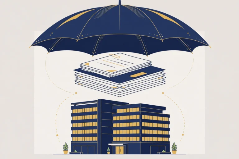 Umbrella liability insurance for business — umbrella canopy over business documents and office tower