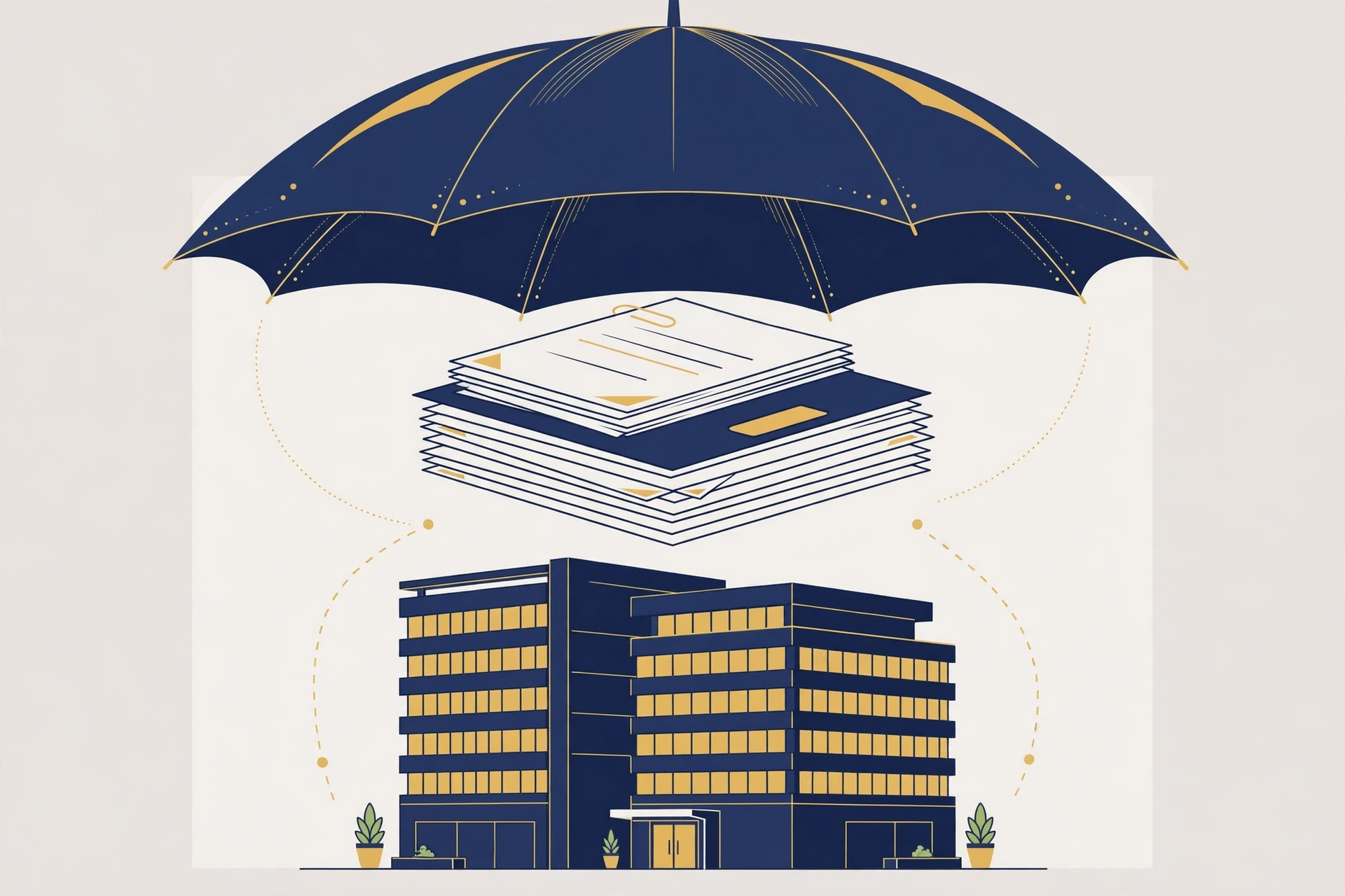 Umbrella liability insurance for business &mdash; umbrella canopy over business documents and office tower