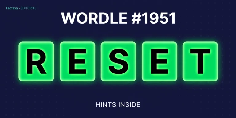 Wordle #1951 thumbnail showing the answer tiles R E S E T in green - hints inside