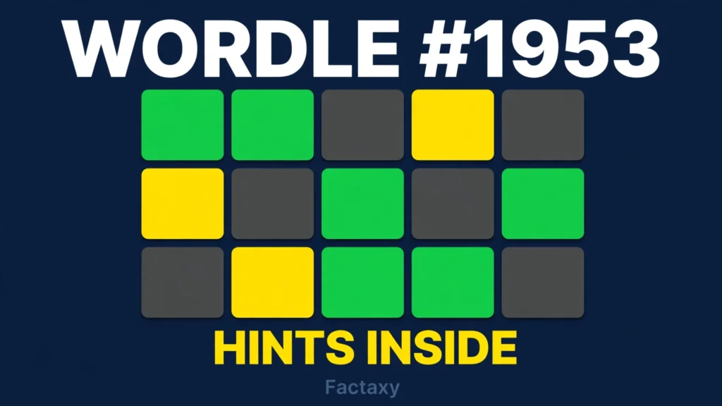 Wordle number 1953 hints thumbnail with blank word game tiles on a navy background
