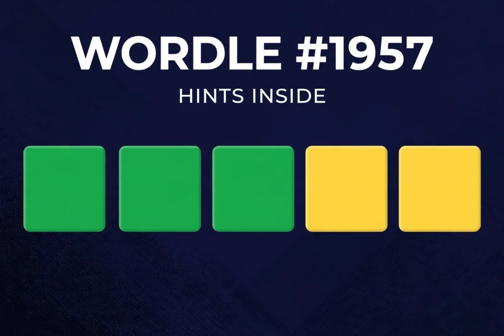 Wordle number 1957 hints thumbnail, blank green yellow and grey letter tiles on a navy background